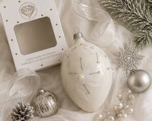 SZKLO-DEKOR Poland White Silver Floral Glass Christmas Ornament 6” Boxed